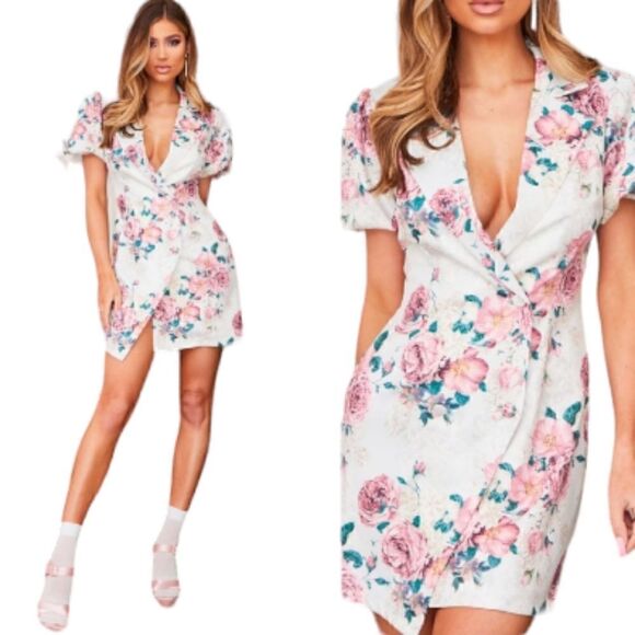 Pretty Little Thing Pink Floral Print Puff Short‎ Sleeve Blazer Dress Size 8 - Picture 1 of 11